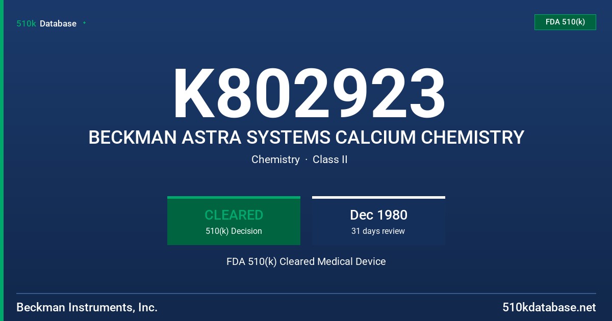 K802923 BECKMAN ASTRA SYSTEMS CALCIUM CHEMISTRY FDA 510(k) Cleared Medical Device