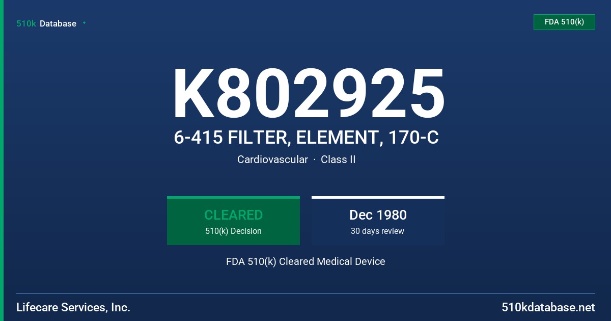 K802925 6-415 FILTER, ELEMENT, 170-C FDA 510(k) Cleared Medical Device
