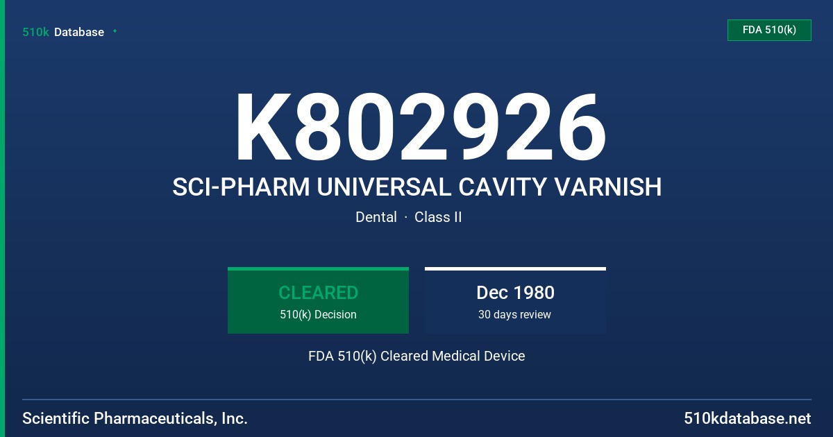 K802926 SCI-PHARM UNIVERSAL CAVITY VARNISH FDA 510(k) Cleared Medical Device