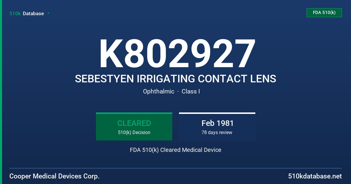 K802927 SEBESTYEN IRRIGATING CONTACT LENS FDA 510(k) Cleared Medical Device
