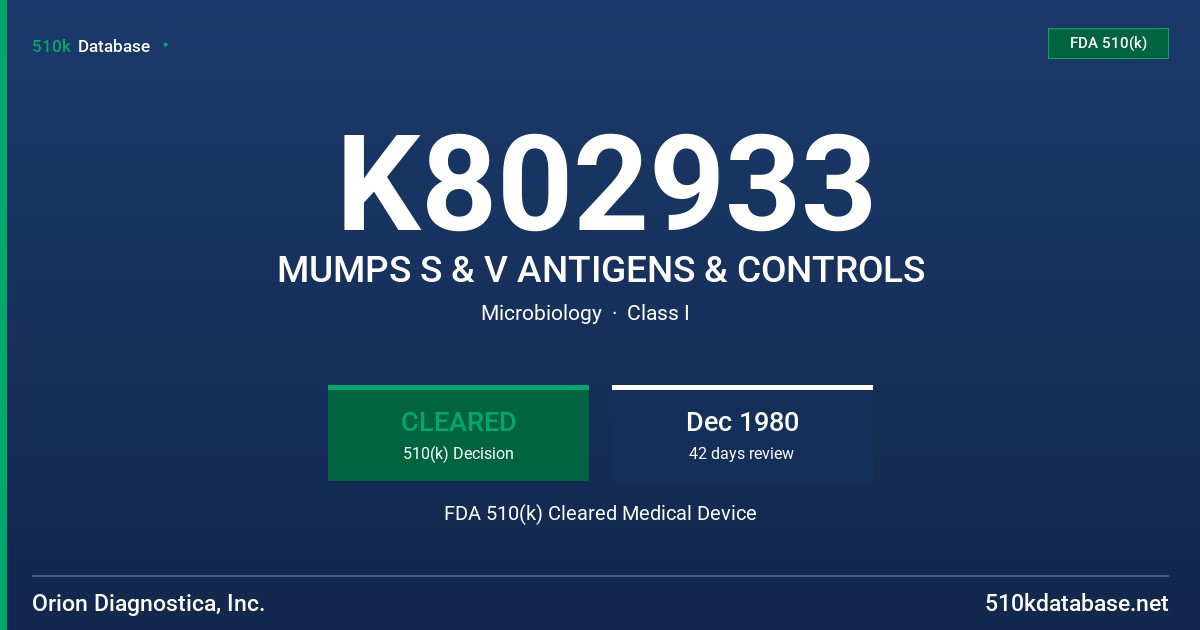 K802933 MUMPS S & V ANTIGENS & CONTROLS FDA 510(k) Cleared Medical Device