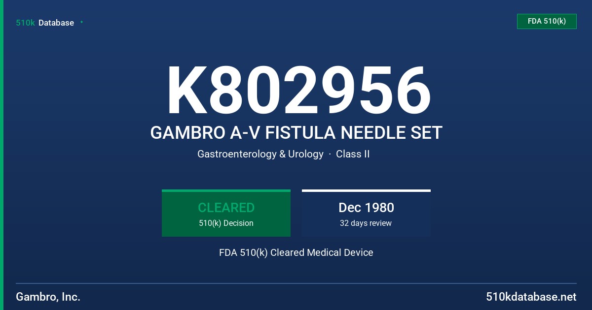 K802956 GAMBRO A-V FISTULA NEEDLE SET FDA 510(k) Cleared Medical Device