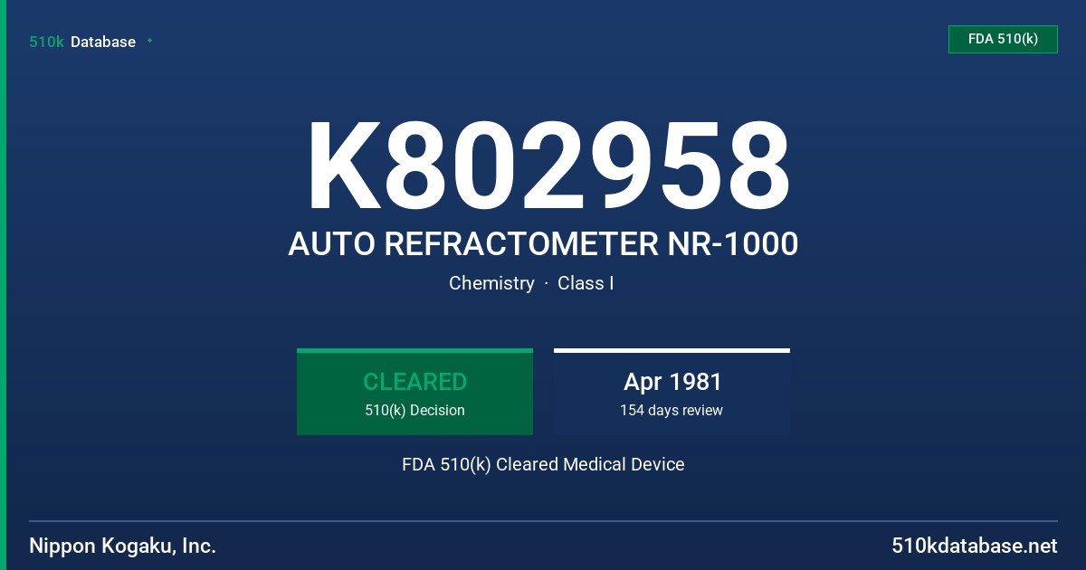 K802958 AUTO REFRACTOMETER NR-1000 FDA 510(k) Cleared Medical Device