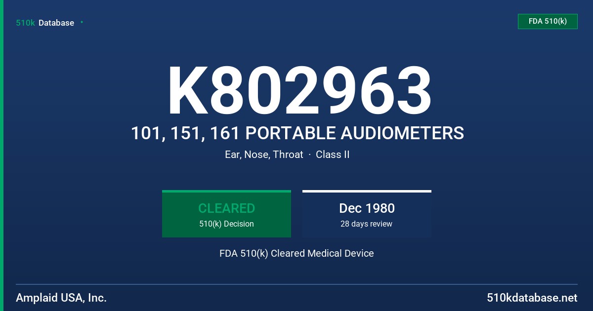 K802963 101, 151, 161 PORTABLE AUDIOMETERS FDA 510(k) Cleared Medical Device