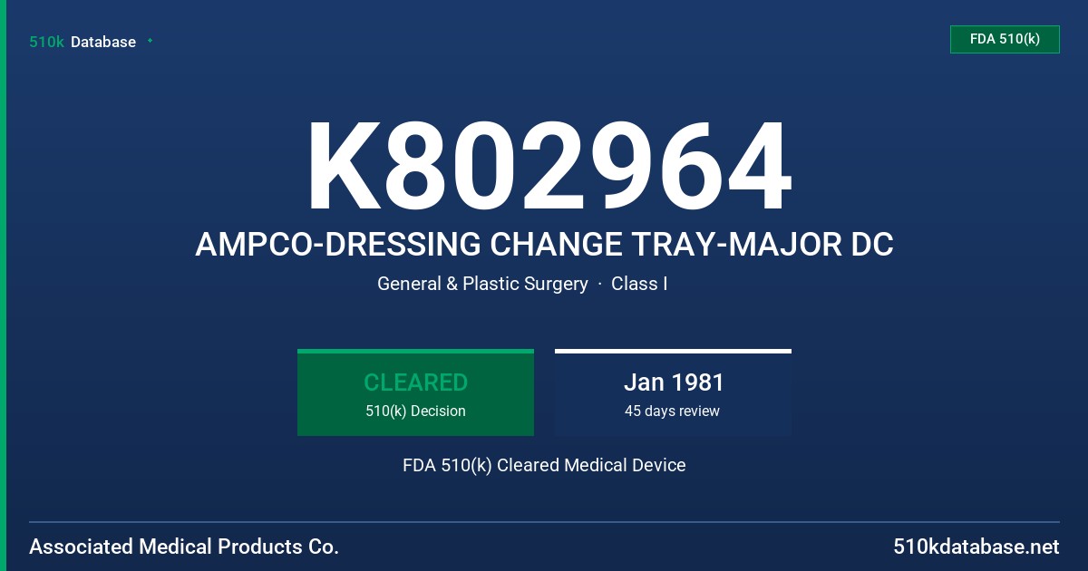K802964 AMPCO-DRESSING CHANGE TRAY-MAJOR DC FDA 510(k) Cleared Medical Device