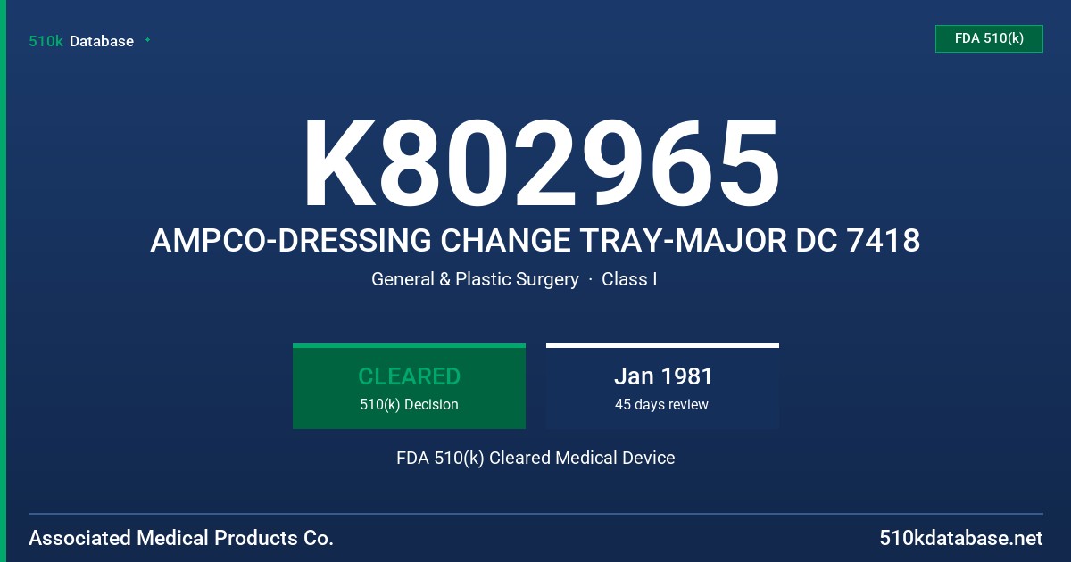 K802965 AMPCO-DRESSING CHANGE TRAY-MAJOR DC 7418 FDA 510(k) Cleared Medical Device