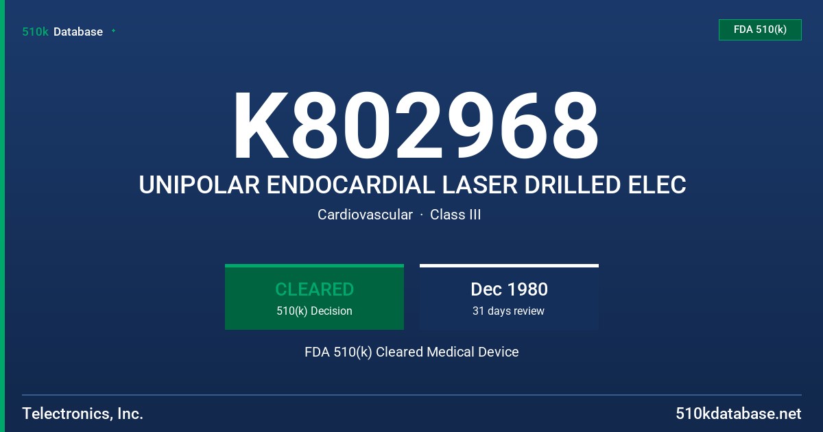 K802968 UNIPOLAR ENDOCARDIAL LASER DRILLED ELEC FDA 510(k) Cleared Medical Device