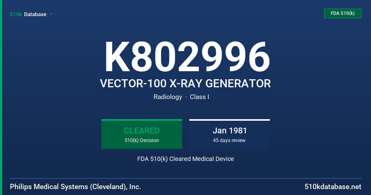 K802996 VECTOR-100 X-RAY GENERATOR FDA 510(k) Cleared Medical Device