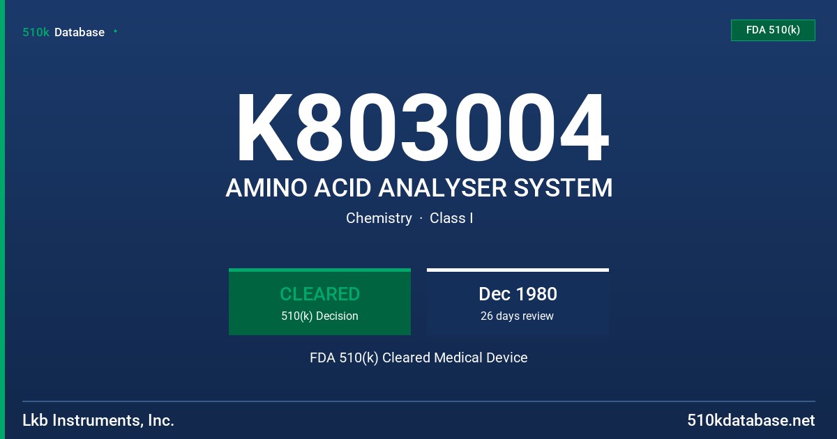 K803004 AMINO ACID ANALYSER SYSTEM FDA 510(k) Cleared Medical Device