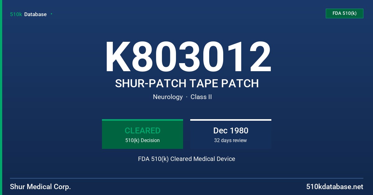 K803012 SHUR-PATCH TAPE PATCH FDA 510(k) Cleared Medical Device
