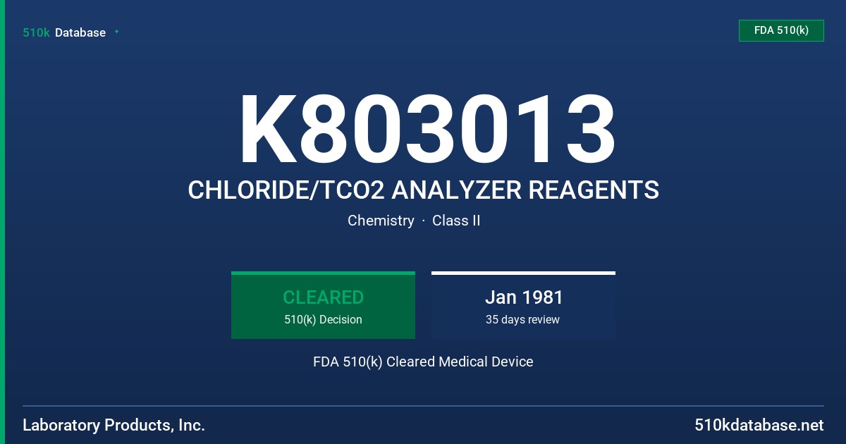 K803013 CHLORIDE/TCO2 ANALYZER REAGENTS FDA 510(k) Cleared Medical Device