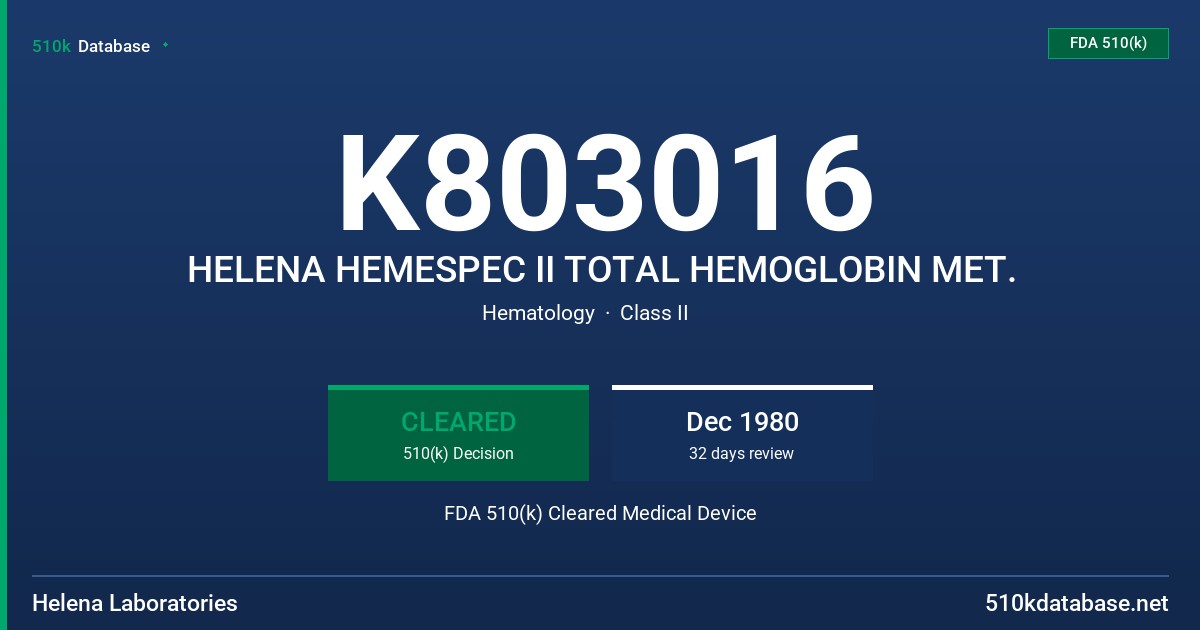 K803016 HELENA HEMESPEC II TOTAL HEMOGLOBIN MET. FDA 510(k) Cleared Medical Device