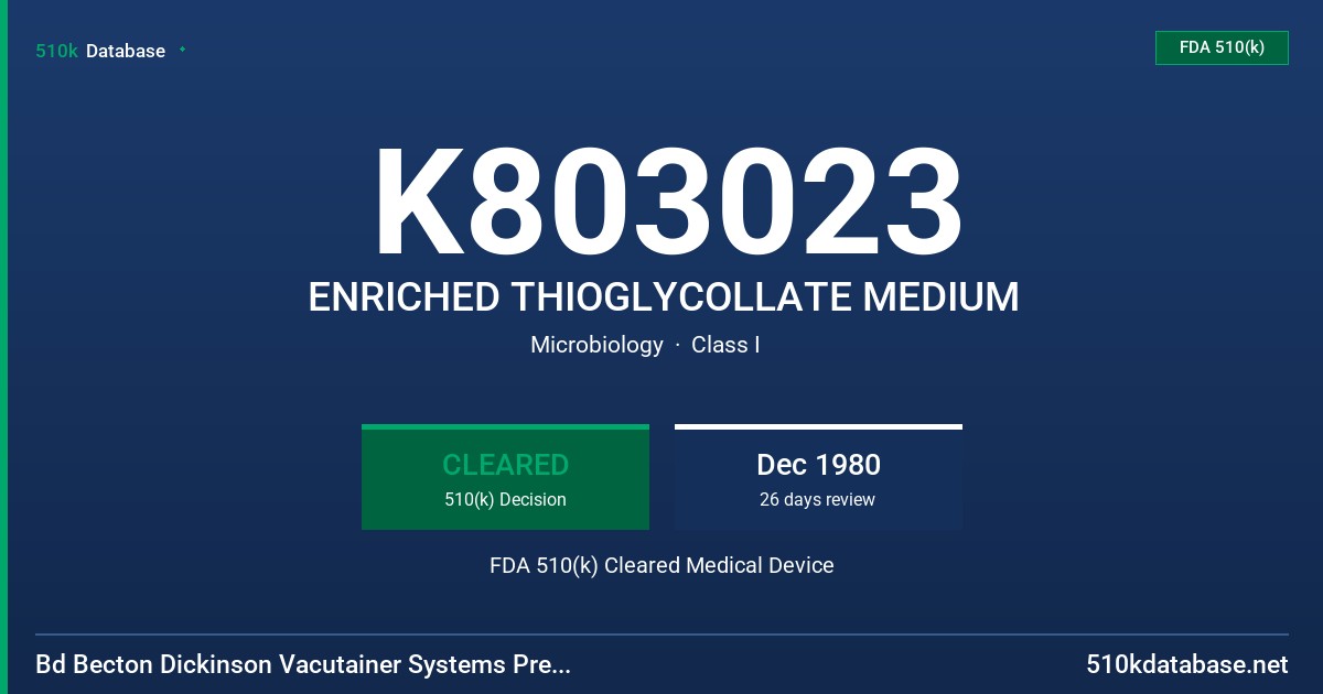 K803023 ENRICHED THIOGLYCOLLATE MEDIUM FDA 510(k) Cleared Medical Device
