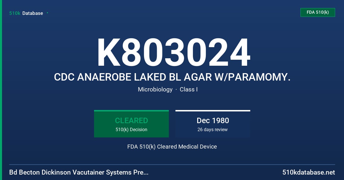 K803024 CDC ANAEROBE LAKED BL AGAR W/PARAMOMY. FDA 510(k) Cleared Medical Device
