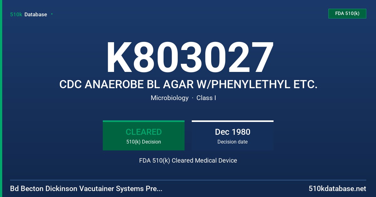 K803027 CDC ANAEROBE BL AGAR W/PHENYLETHYL ETC. FDA 510(k) Cleared Medical Device