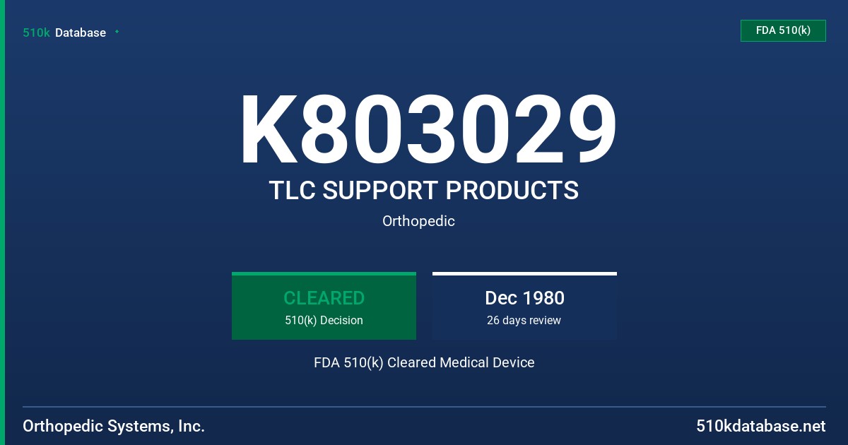 K803029 TLC SUPPORT PRODUCTS FDA 510(k) Cleared Medical Device