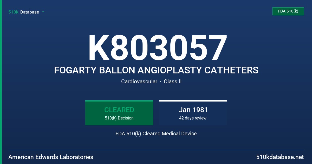 K803057 FOGARTY BALLON ANGIOPLASTY CATHETERS FDA 510(k) Cleared Medical Device