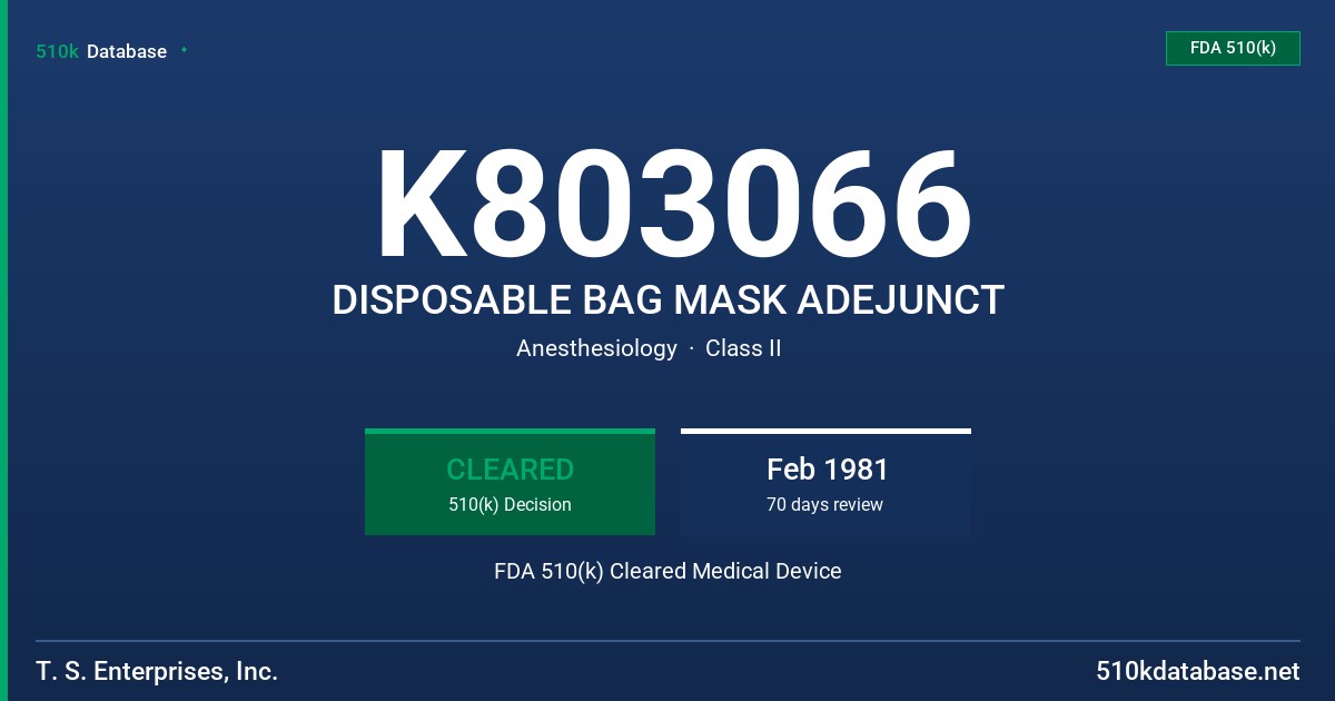 K803066 DISPOSABLE BAG MASK ADEJUNCT FDA 510(k) Cleared Medical Device