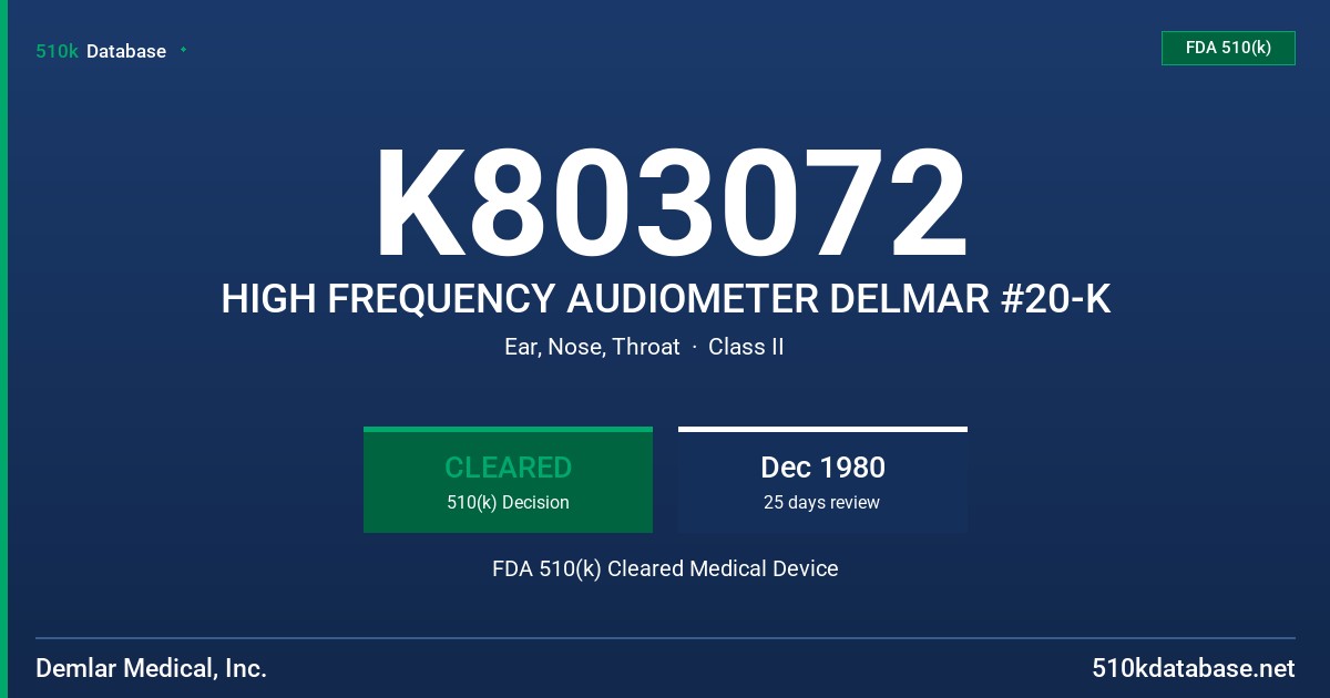 K803072 HIGH FREQUENCY AUDIOMETER DELMAR #20-K FDA 510(k) Cleared Medical Device