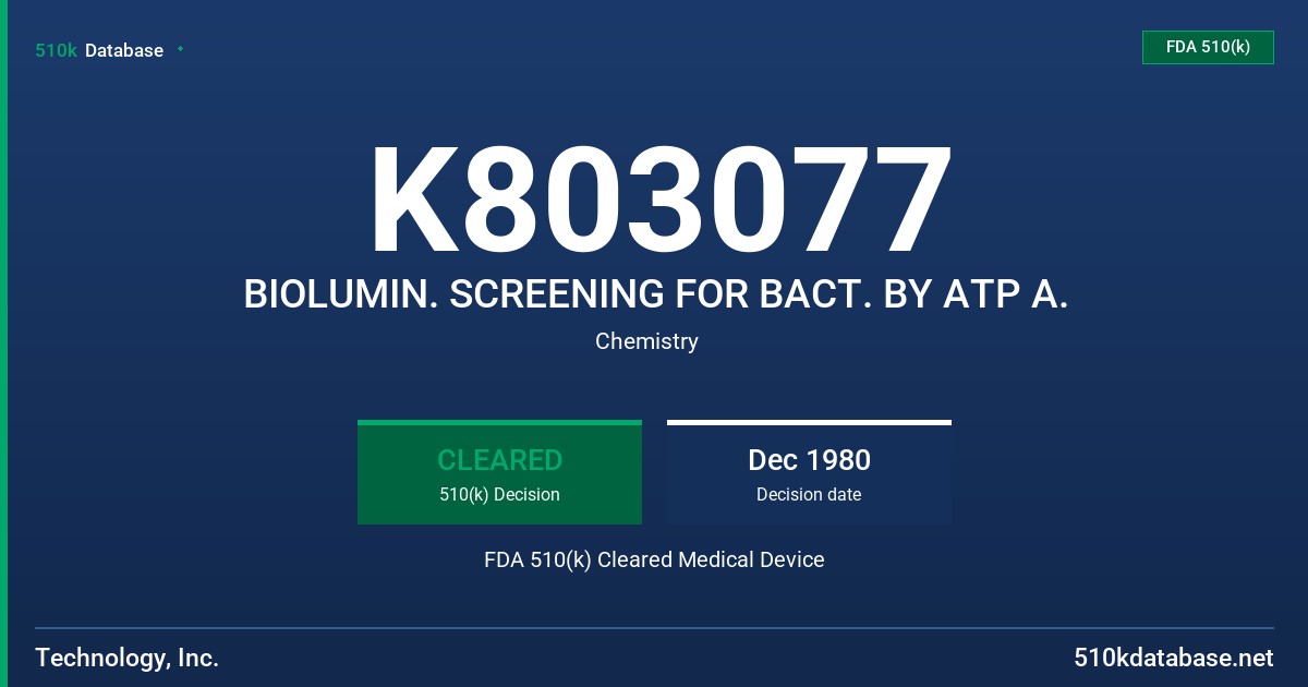 K803077 BIOLUMIN. SCREENING FOR BACT. BY ATP A. FDA 510(k) Cleared Medical Device