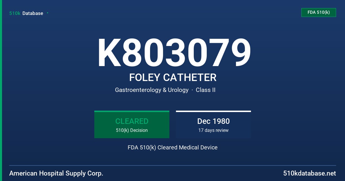 K803079 FOLEY CATHETER FDA 510(k) Cleared Medical Device