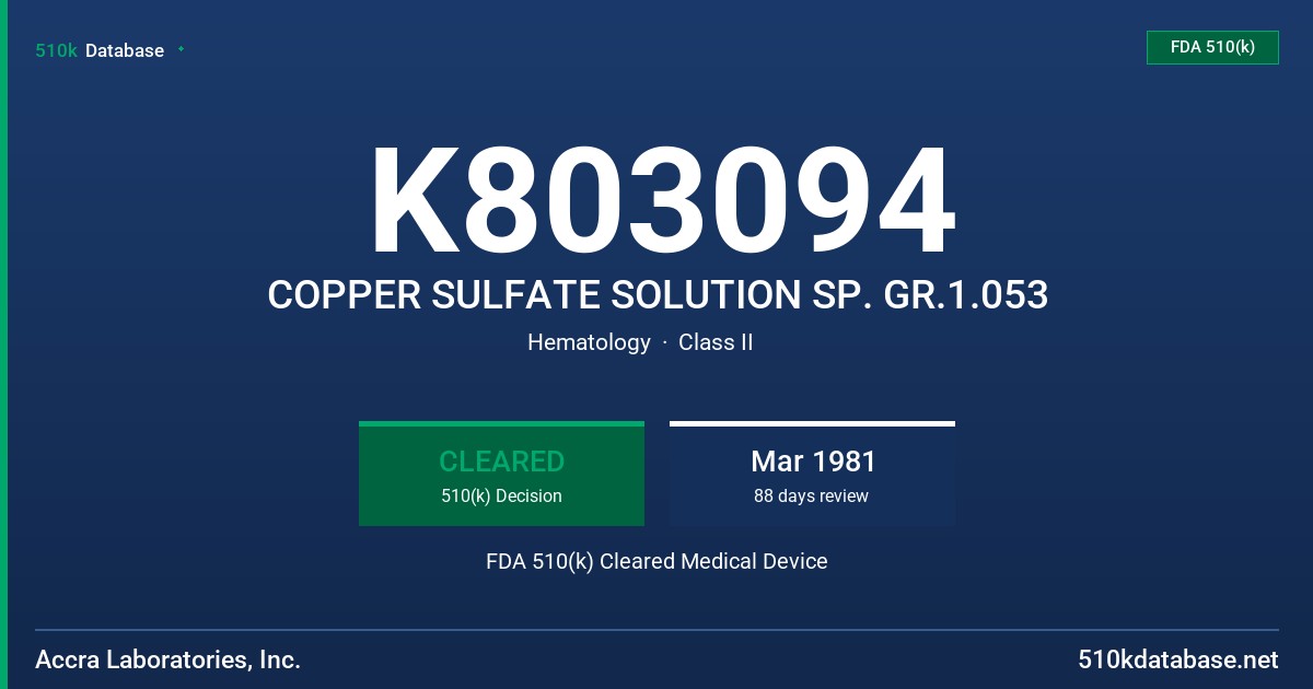 K803094 COPPER SULFATE SOLUTION SP. GR.1.053 FDA 510(k) Cleared Medical Device