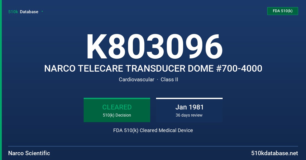 K803096 NARCO TELECARE TRANSDUCER DOME #700-4000 FDA 510(k) Cleared Medical Device