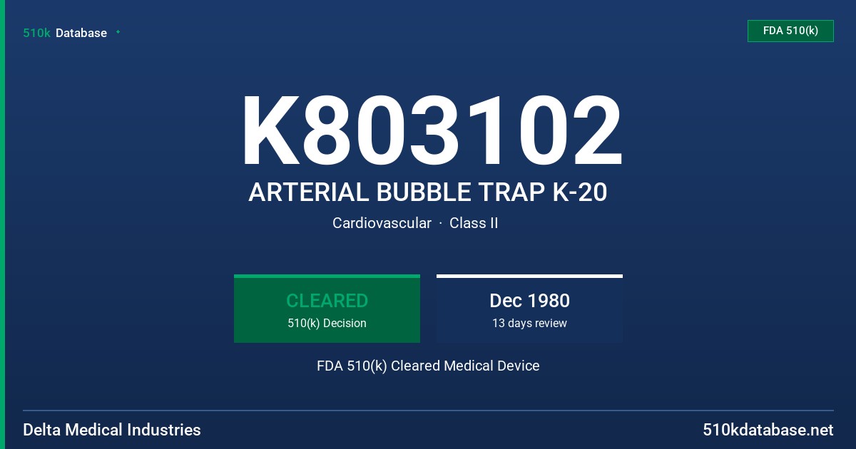 K803102 ARTERIAL BUBBLE TRAP K-20 FDA 510(k) Cleared Medical Device