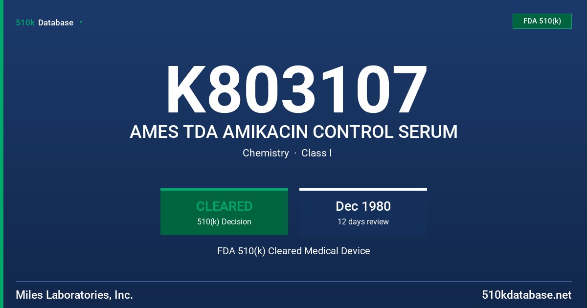 K803107 AMES TDA AMIKACIN CONTROL SERUM FDA 510(k) Cleared Medical Device