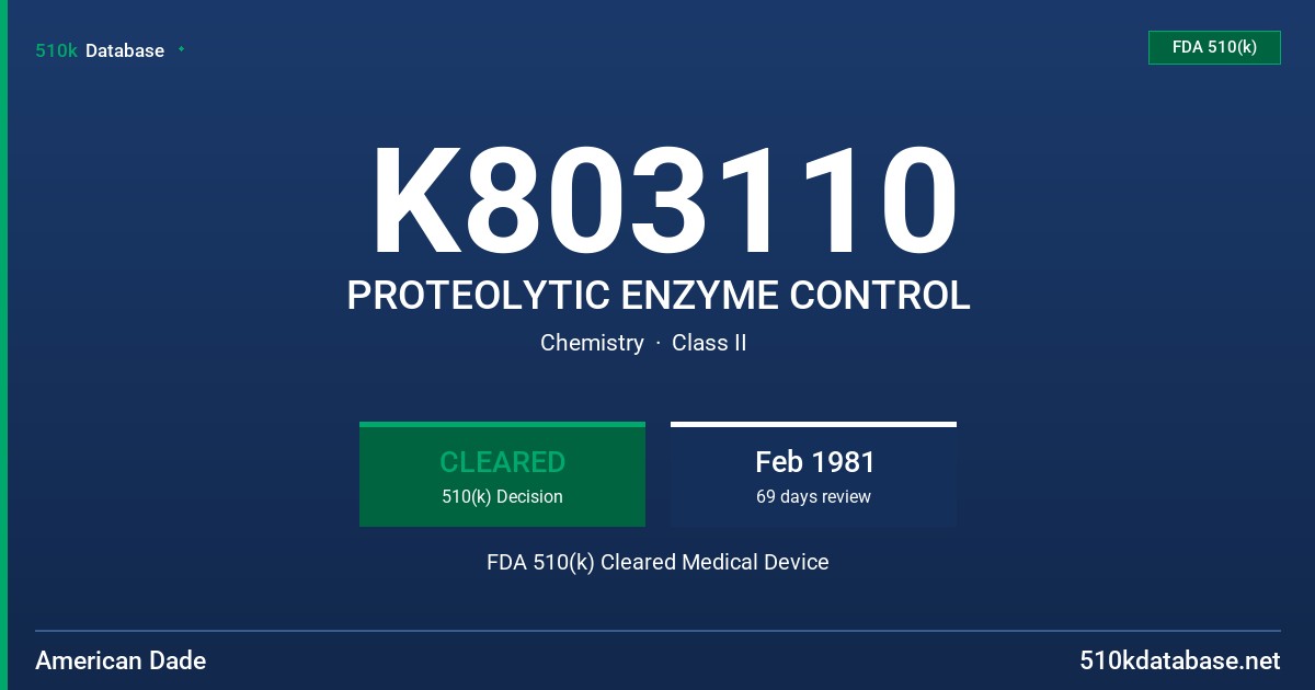 K803110 PROTEOLYTIC ENZYME CONTROL FDA 510(k) Cleared Medical Device
