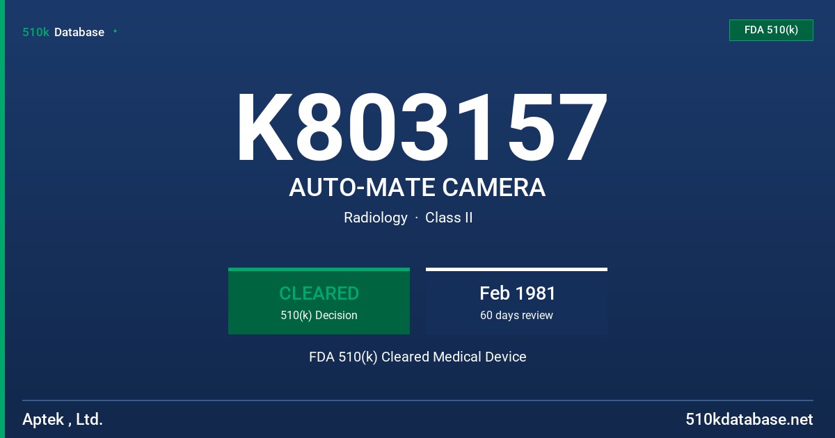 K803157 AUTO-MATE CAMERA FDA 510(k) Cleared Medical Device