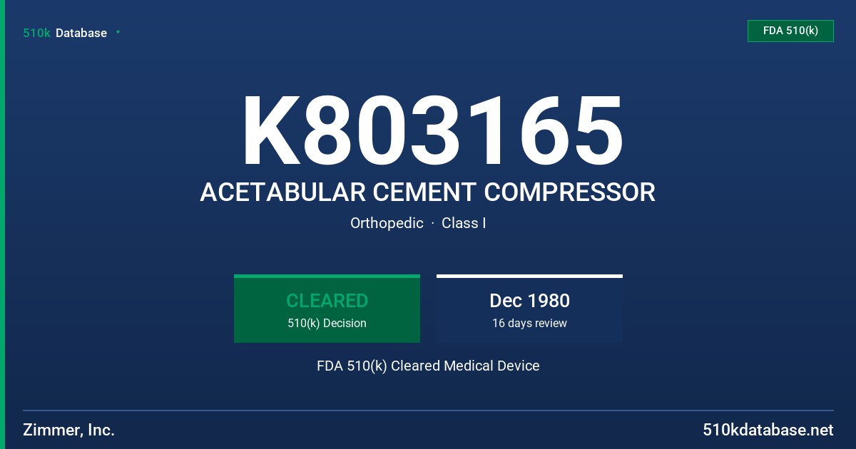 K803165 ACETABULAR CEMENT COMPRESSOR FDA 510(k) Cleared Medical Device