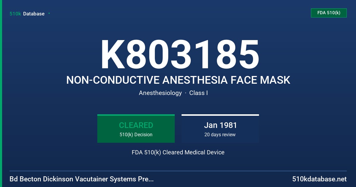 K803185 NON-CONDUCTIVE ANESTHESIA FACE MASK FDA 510(k) Cleared Medical Device