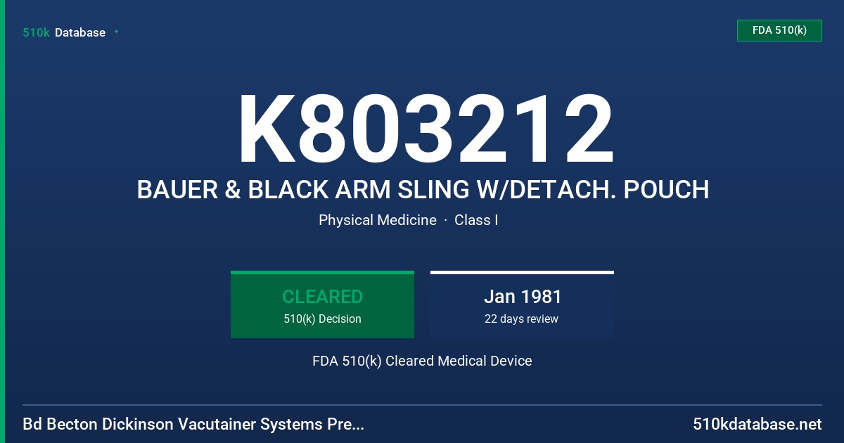 K803212 BAUER & BLACK ARM SLING W/DETACH. POUCH FDA 510(k) Cleared Medical Device