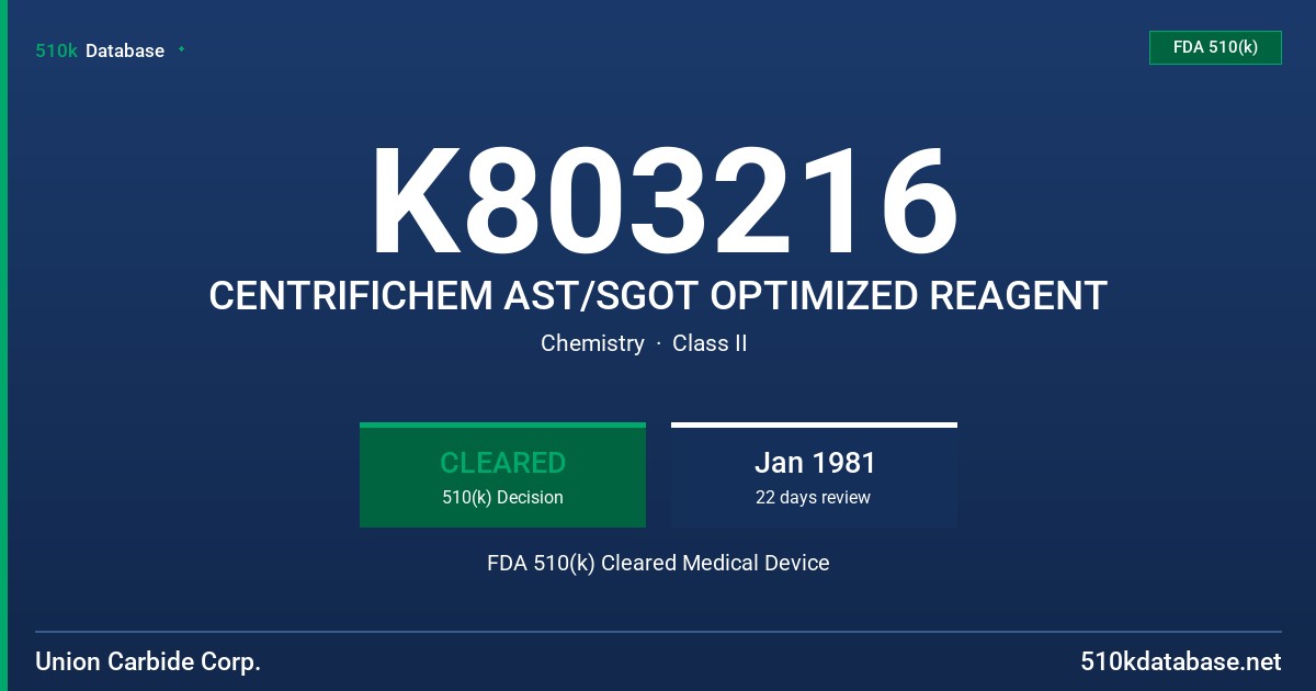 K803216 CENTRIFICHEM AST/SGOT OPTIMIZED REAGENT FDA 510(k) Cleared Medical Device