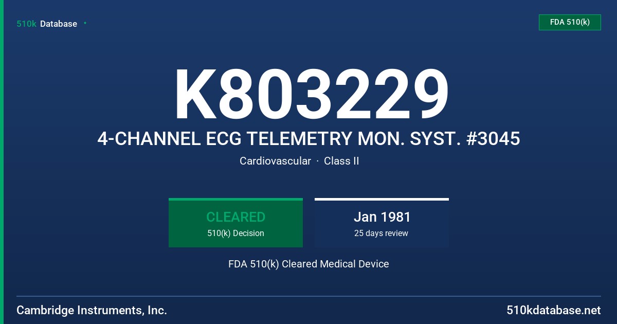 K803229 4-CHANNEL ECG TELEMETRY MON. SYST. #3045 FDA 510(k) Cleared Medical Device
