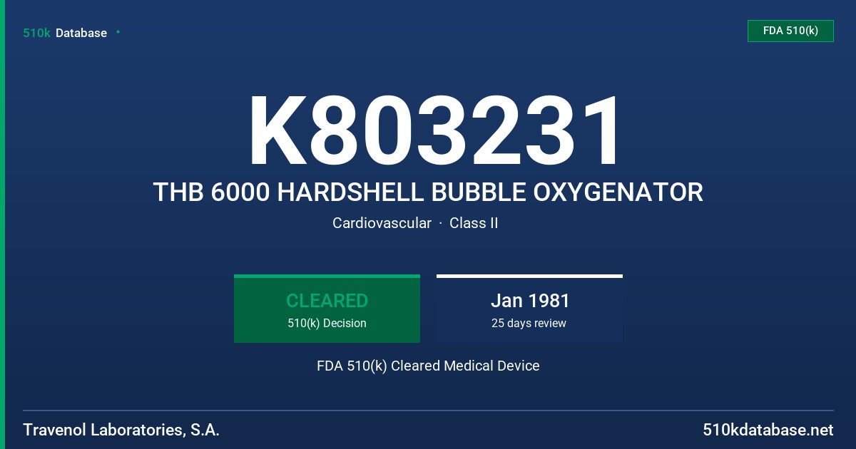 K803231 THB 6000 HARDSHELL BUBBLE OXYGENATOR FDA 510(k) Cleared Medical Device
