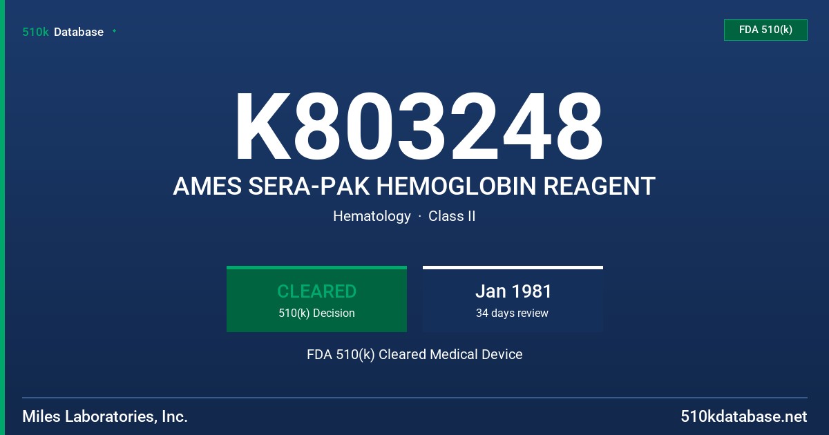 K803248 AMES SERA-PAK HEMOGLOBIN REAGENT FDA 510(k) Cleared Medical Device