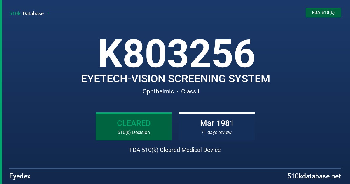 K803256 EYETECH-VISION SCREENING SYSTEM FDA 510(k) Cleared Medical Device