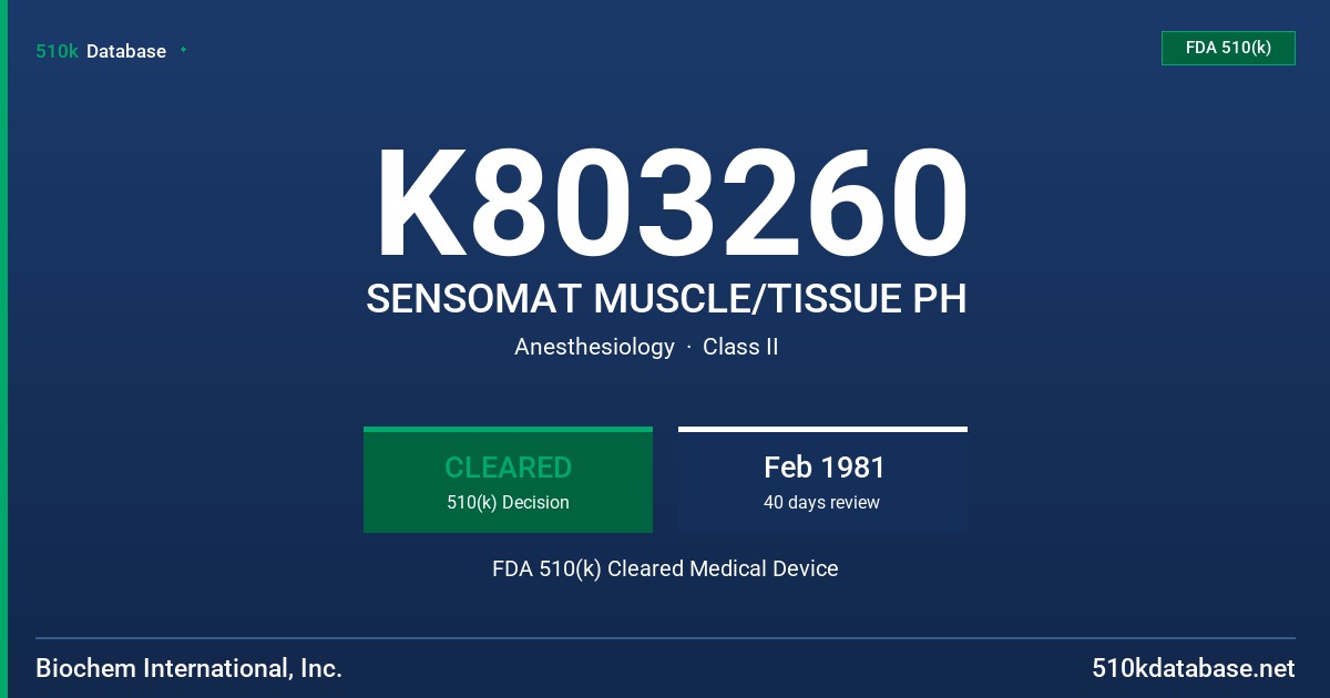 K803260 SENSOMAT MUSCLE/TISSUE PH FDA 510(k) Cleared Medical Device