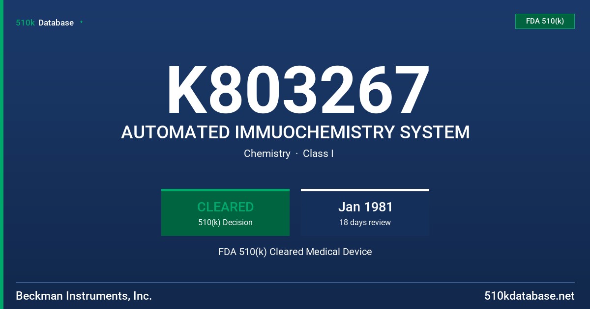 K803267 AUTOMATED IMMUOCHEMISTRY SYSTEM FDA 510(k) Cleared Medical Device