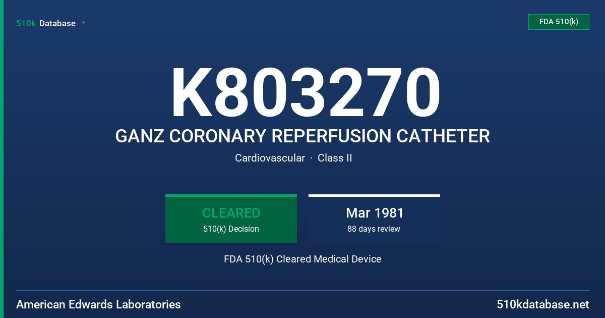 K803270 GANZ CORONARY REPERFUSION CATHETER FDA 510(k) Cleared Medical Device