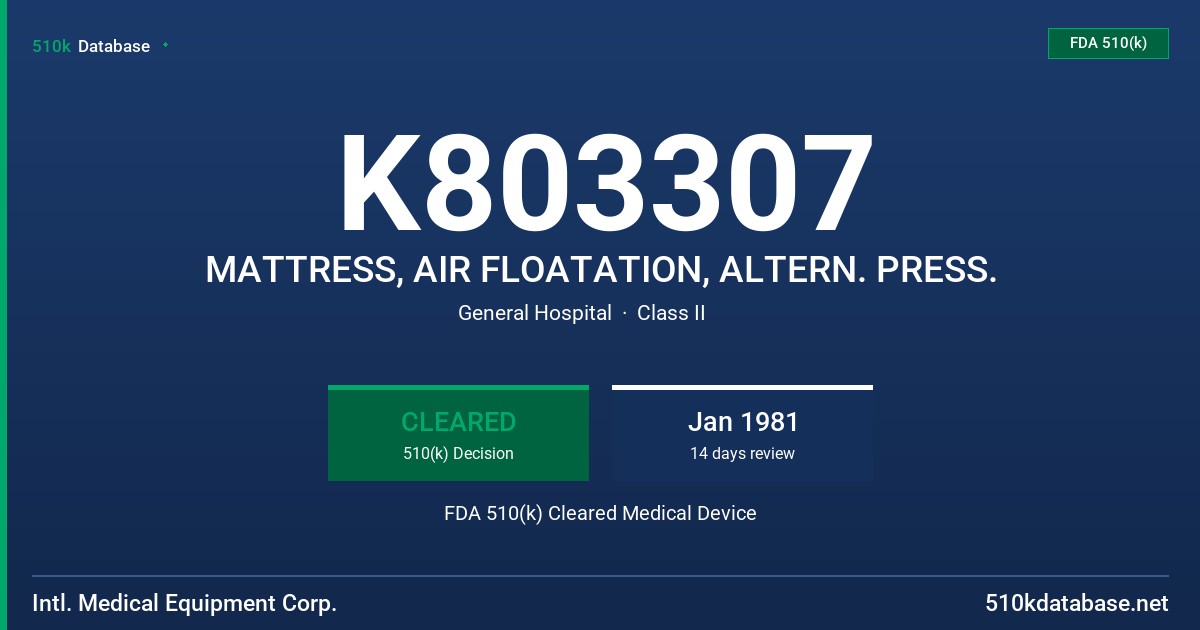 K803307 MATTRESS, AIR FLOATATION, ALTERN. PRESS. FDA 510(k) Cleared Medical Device