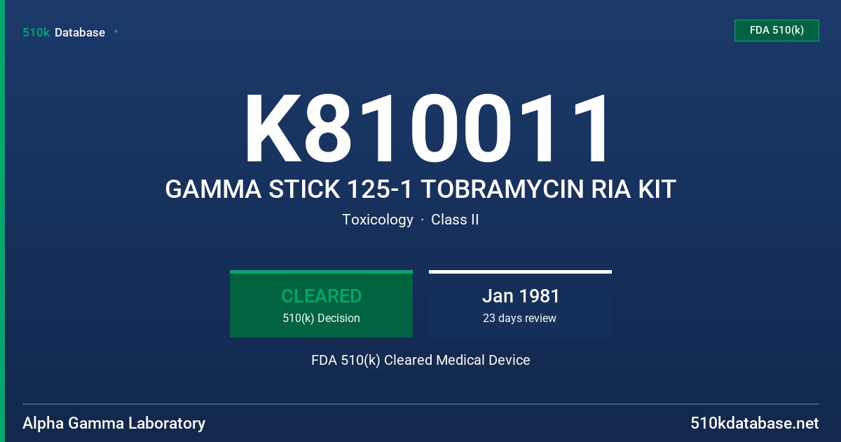 K810011 GAMMA STICK 125-1 TOBRAMYCIN RIA KIT FDA 510(k) Cleared Medical Device