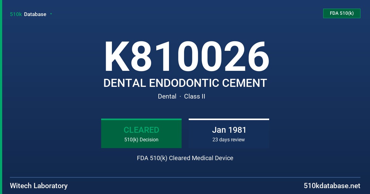 K810026 DENTAL ENDODONTIC CEMENT FDA 510(k) Cleared Medical Device