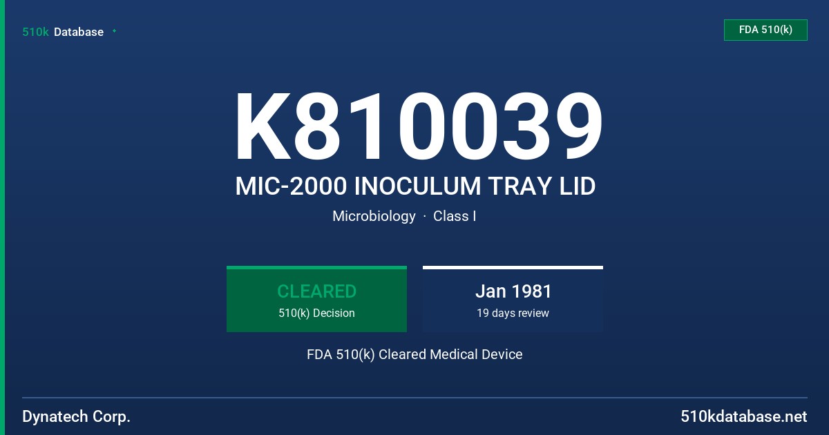K810039 MIC-2000 INOCULUM TRAY LID FDA 510(k) Cleared Medical Device