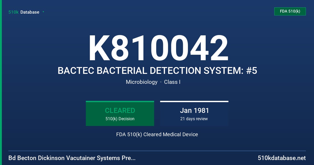 K810042 BACTEC BACTERIAL DETECTION SYSTEM: #5 FDA 510(k) Cleared Medical Device