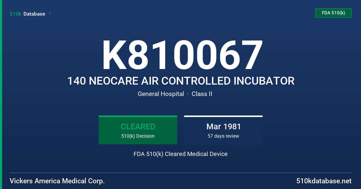 K810067 140 NEOCARE AIR CONTROLLED INCUBATOR FDA 510(k) Cleared Medical Device