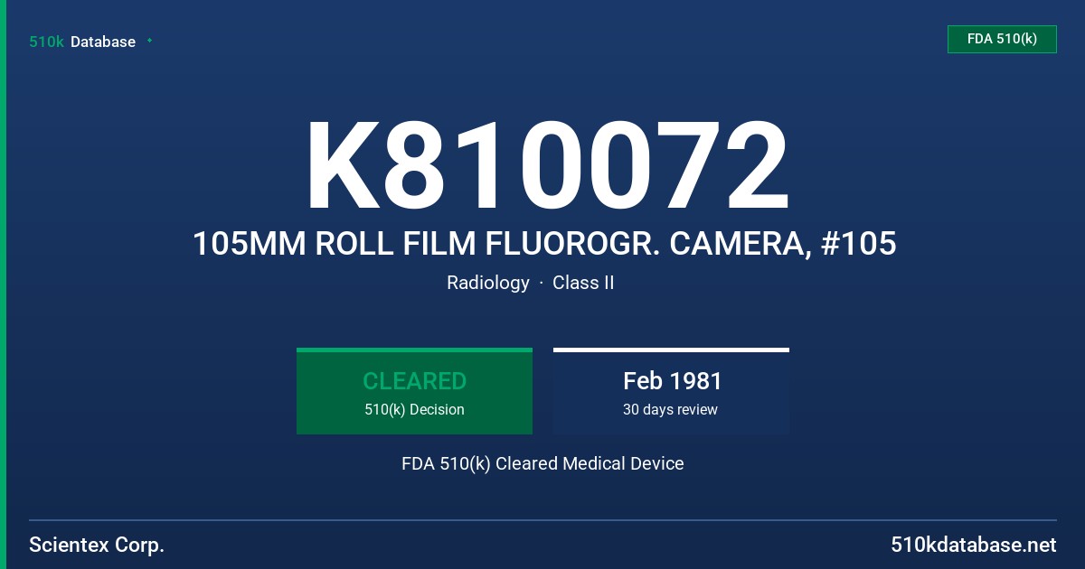 K810072 105MM ROLL FILM FLUOROGR. CAMERA, #105 FDA 510(k) Cleared Medical Device