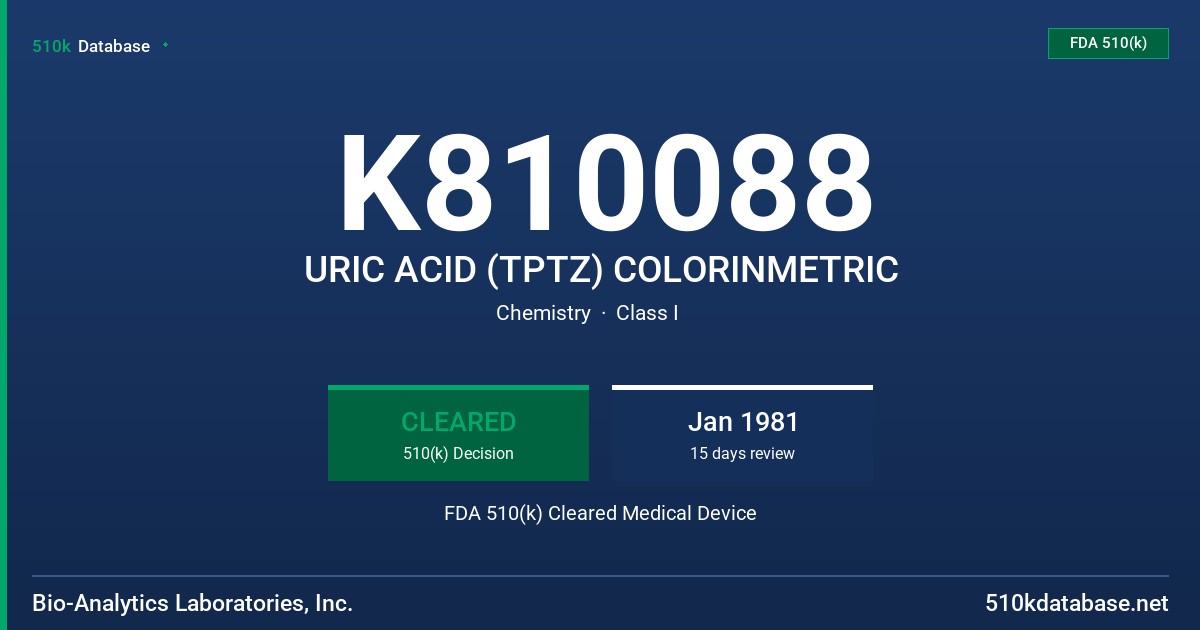 K810088 URIC ACID (TPTZ) COLORINMETRIC FDA 510(k) Cleared Medical Device